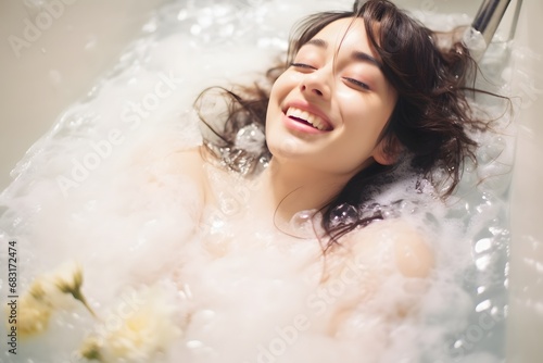 Relaxing Bath Time with Bubbles and Flowers Woman Enjoying a Soothing Moment in a Giraffe-Themed Bathtub Generative AI