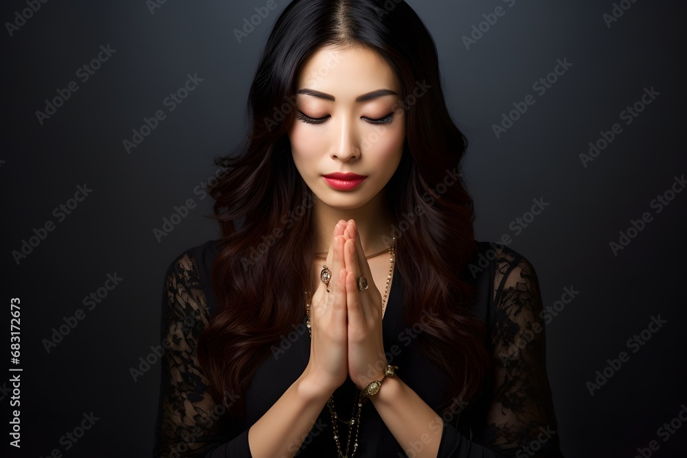 Serene young woman in elegant black dress with hands clasped in prayerful gesture, seeking inner peace and spiritual guidance. Generative AI Serene young woman in elegant black dress with hands clasped in prayerful gesture, seeking inner peace and spiritual guidance. Generative AI