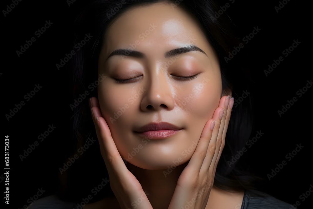 Relaxing Woman with Closed Eyes and Hands on Face in Serene Meditation Pose Generative AI Relaxing Woman with Closed Eyes and Hands on Face in Serene Meditation Pose Generative AI