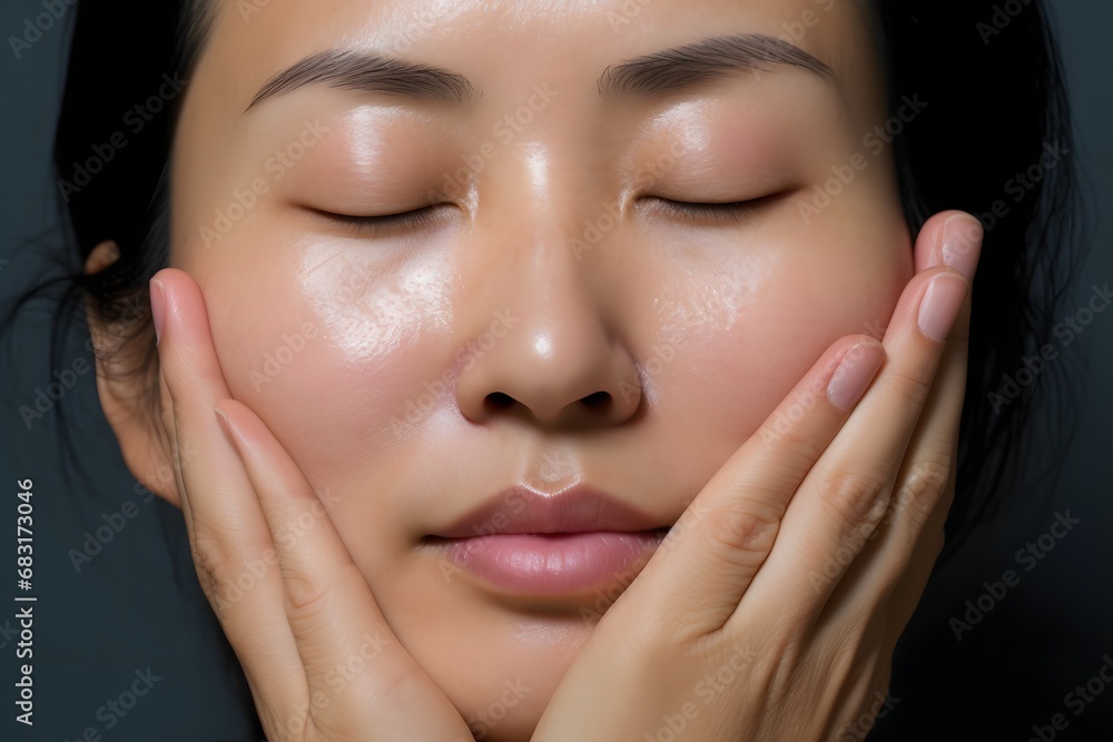 Relaxing Woman with Closed Eyes and Hands on Face in Serene Meditation Pose Generative AI Relaxing Woman with Closed Eyes and Hands on Face in Serene Meditation Pose Generative AI