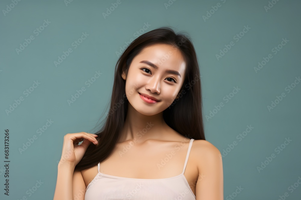 Beautiful young woman with long hair smiling while holding a toothbrush in front of a white background. Generative AI Beautiful young woman with long hair smiling while holding a toothbrush in front of a white background. Generative AI