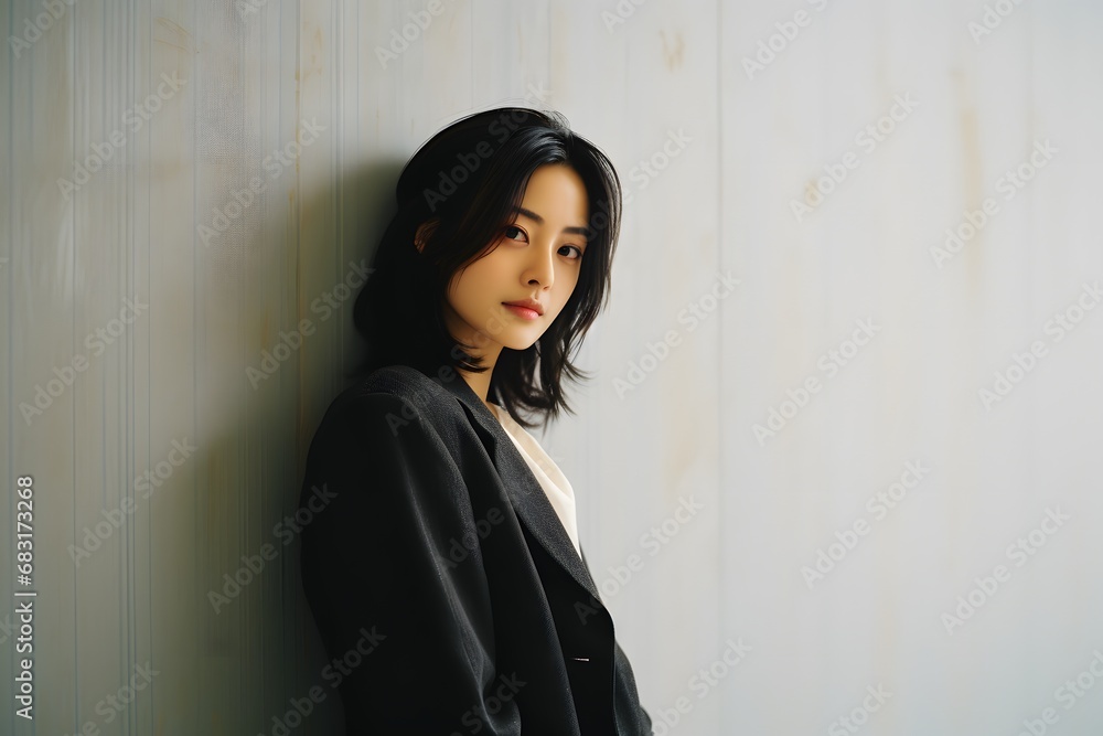 Confident young woman in black jacket leaning against a textured wall with a serious expression Generative AI Confident young woman in black jacket leaning against a textured wall with a serious expression Generative AI