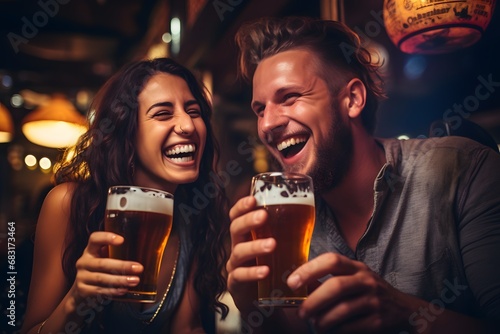 Fototapete Happy couple enjoying a cold beer together at a cozy bar with warm lighting and rustic decor