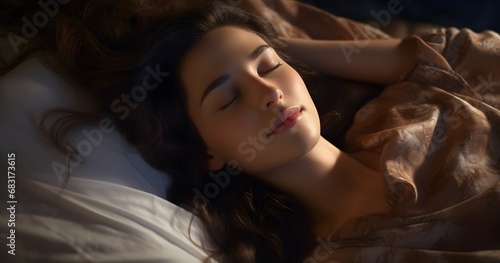 Relaxed young woman enjoying a peaceful nap in bed with closed eyes and serene expression Generative AI © Ankit