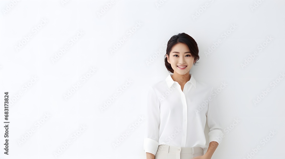 Confident young woman in white shirt and tan pants posing against a blank white wall with copy space. Generative AI Confident young woman in white shirt and tan pants posing against a blank white wall with copy space. Generative AI
