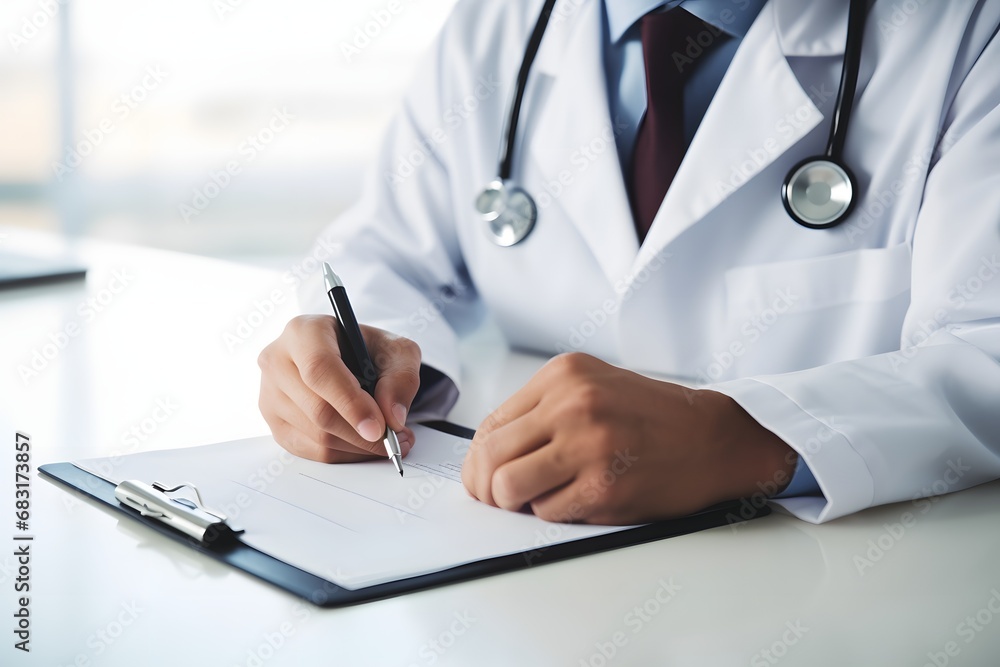 Experienced male doctor taking notes on a clipboard with a pen during a patient consultation in a medical clinic. Generative AI