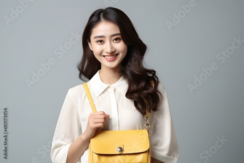 Happy young woman in white shirt holding a yellow purse with giraffe print and smiling brightly Generative AI