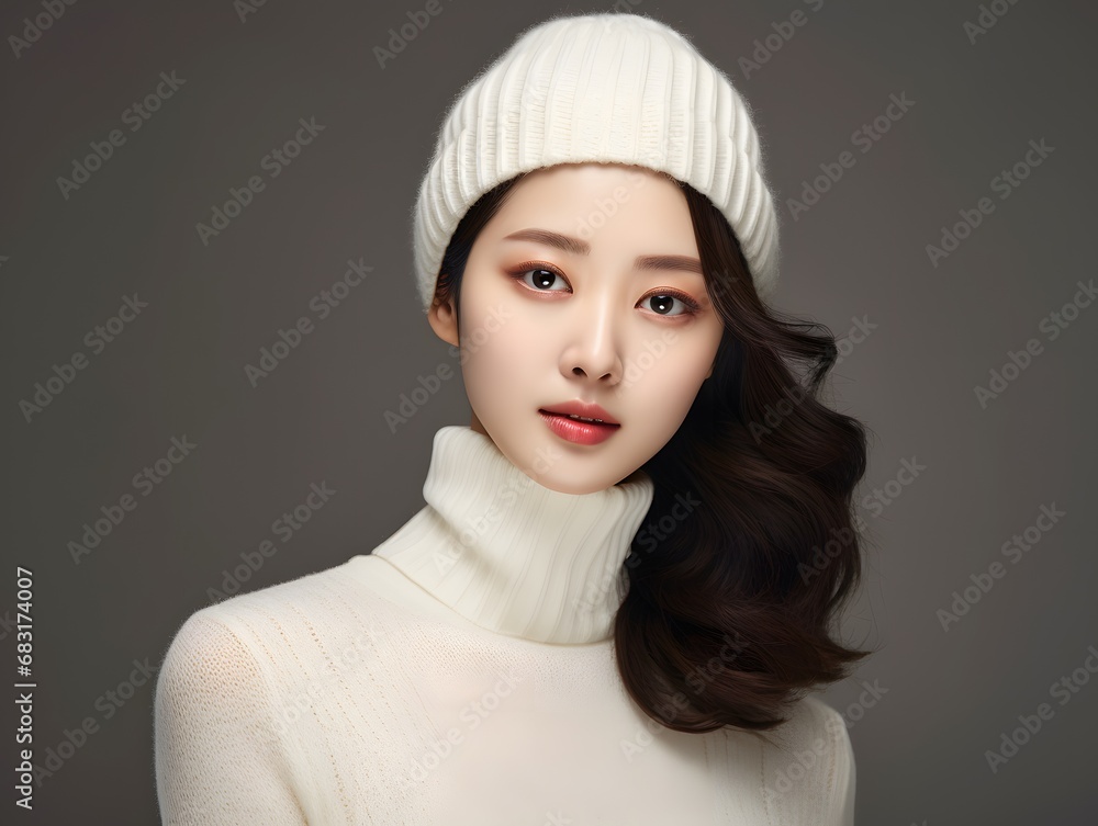 Stylish young woman wearing a white turtleneck and hat, standing against a neutral background. Generative AI