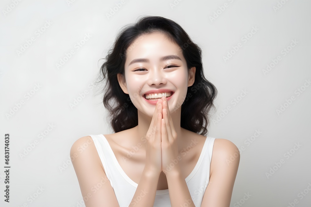 Happy young woman with folded hands in front of her face expressing joy and gratitude Generative AI Happy young woman with folded hands in front of her face expressing joy and gratitude Generative AI