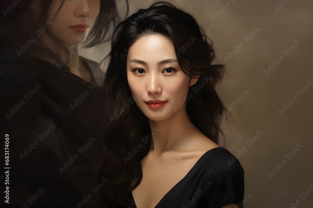 Beautiful Woman with Flowing Long Hair Wearing Elegant Black Dress in Artistic Painting Generative AI
