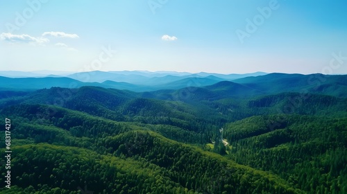 Scenic View of a Serpentine Road Winding Through a Lush Valley with Rolling Hills and Blue Sky in the Background Generative AI