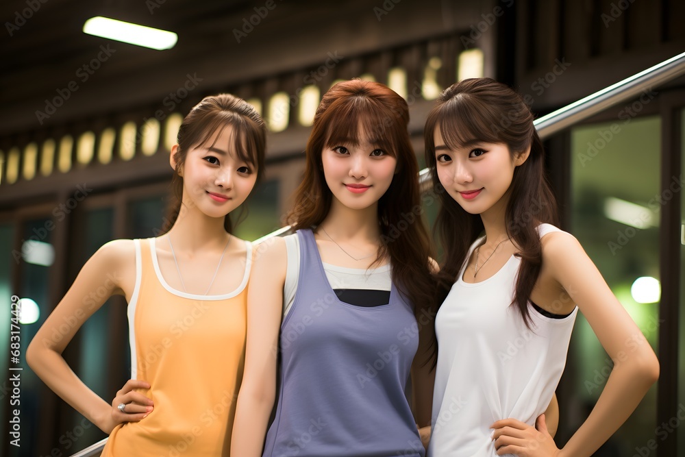Group of Three Confident Asian Women Posing in Front of a Modern Building with Smiling Faces Generative AI Group of Three Confident Asian Women Posing in Front of a Modern Building with Smiling Faces Generative AI