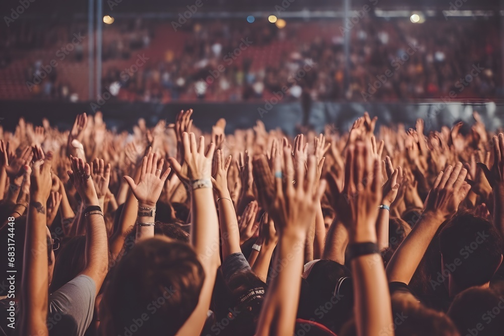 Crowd of Excited Fans Raising Their Hands in the Air at a Music Festival Concert Generative AI Crowd of Excited Fans Raising Their Hands in the Air at a Music Festival Concert Generative AI