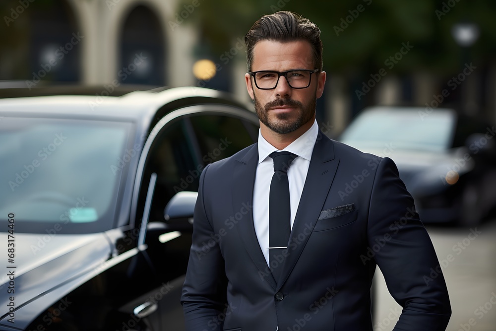 Confident Businessman in Formal Attire Posing with Luxury Car in the Background Generative AI Confident Businessman in Formal Attire Posing with Luxury Car in the Background Generative AI