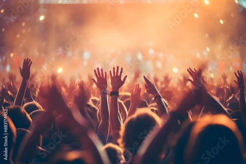 Crowd of Excited Fans Raising Their Hands in the Air at a Music Festival Concert Generative AI © Jhanvi