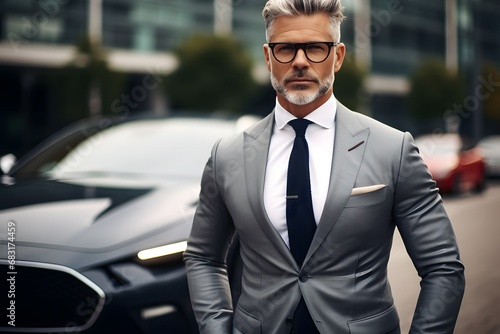 Confident Businessman in Formal Attire Posing with Luxury Car in the Background Generative AI © Jhanvi