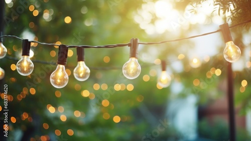 Many light bulbs hang on tree in garden. photo