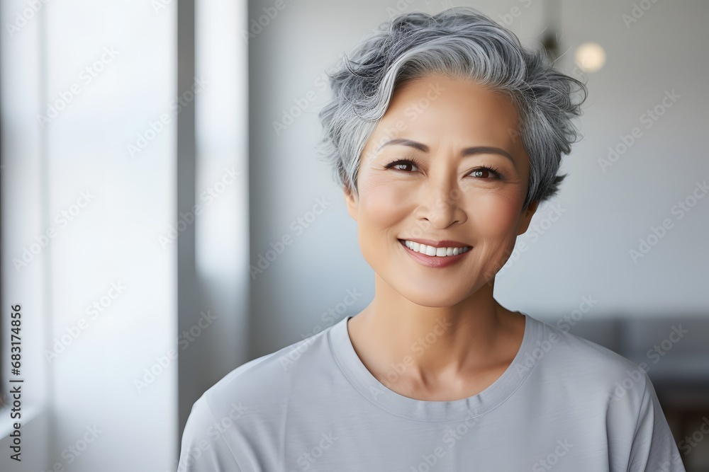 Happy Senior Woman with Gray Hair and Shirt Standing in Front of Window with Natural Light Shining Through Generative AI Happy Senior Woman with Gray Hair and Shirt Standing in Front of Window with Natural Light Shining Through Generative AI