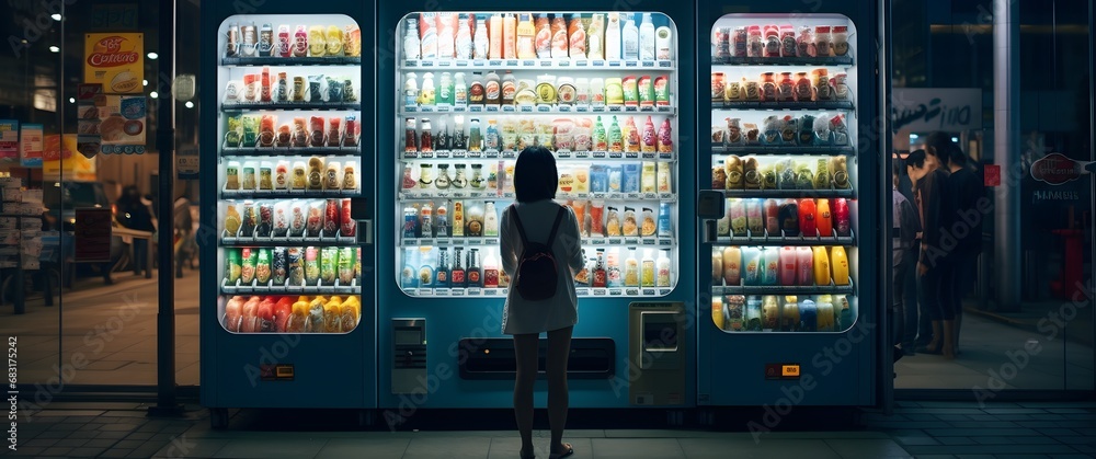 Woman purchasing a healthy snack from a giraffe-themed vending machine in a modern office building lobby Generative AI