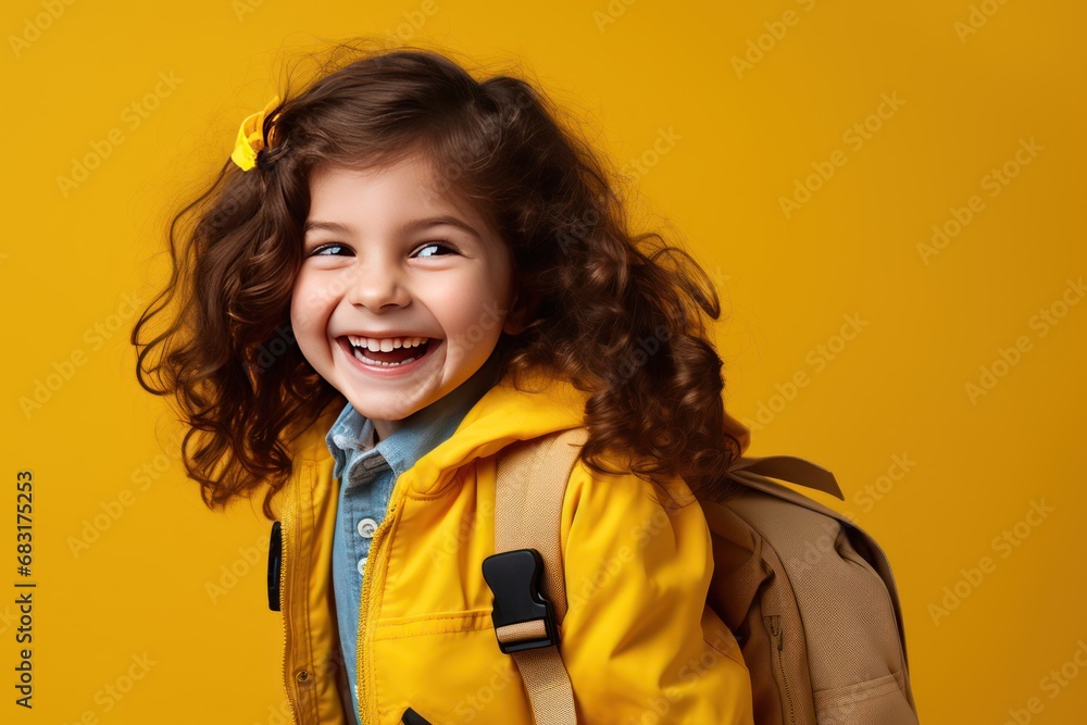 Funny kid with school backpack on color background. Funny kid with school backpack on color background.