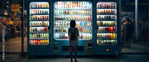 Woman purchasing a healthy snack from a giraffe-themed vending machine in a modern office building lobby Generative AI