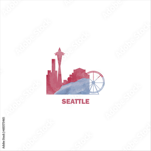 Seattle city US watercolor cityscape skyline panorama vector flat modern logo icon. USA, Washington state of America emblem with landmarks and building silhouettes. Isolated red and blue graphic