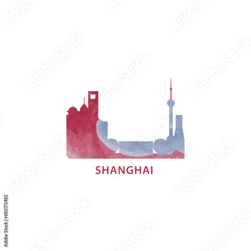 Shanghai watercolor cityscape skyline city panorama vector flat modern logo, icon. China megapolis emblem concept with landmarks and building silhouettes. Isolated graphic