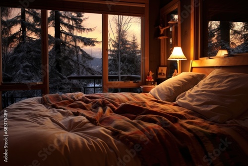 Beautiful warm and cozy bedroom with window with snow in winter season.