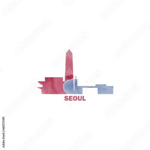 Seoul watercolor cityscape skyline city panorama vector flat modern logo, icon. South Korea capital, megapolis emblem concept with landmarks and building silhouettes. Isolated graphic