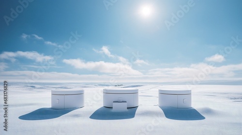 3d render of wallpaper, trio of white platforms contrasting with the azure sky and falling snow, winter podium, Crisp and clean podium setup on a snowy expanse,