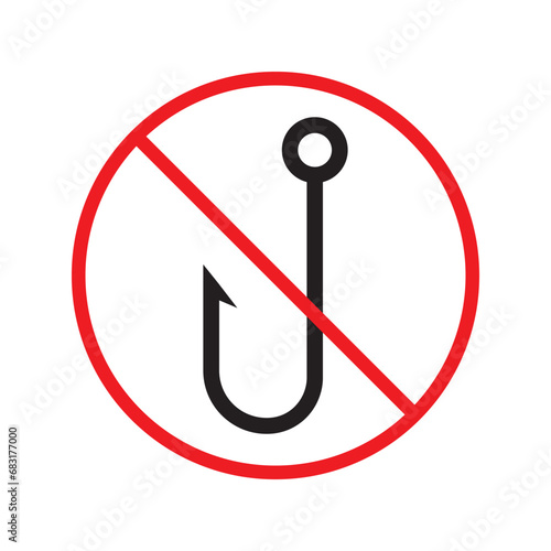 Forbidden fish hook vector icon. Warning, caution, attention, restriction, label, ban, danger. No fishing hook flat sign design pictogram symbol. No fishing hook icon