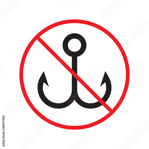 Forbidden fish hook vector icon. Warning, caution, attention, restriction, label, ban, danger. No fishing hook flat sign design pictogram symbol. No fishing hook icon