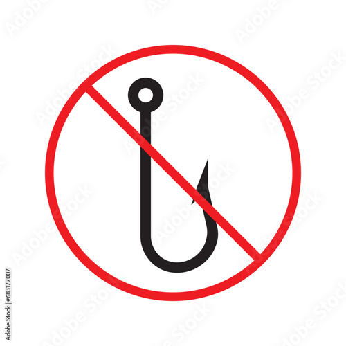 Forbidden fish hook vector icon. Warning, caution, attention, restriction, label, ban, danger. No fishing hook flat sign design pictogram symbol. No fishing hook icon