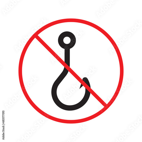 Forbidden fish hook vector icon. Warning, caution, attention, restriction, label, ban, danger. No fishing hook flat sign design pictogram symbol. No fishing hook icon