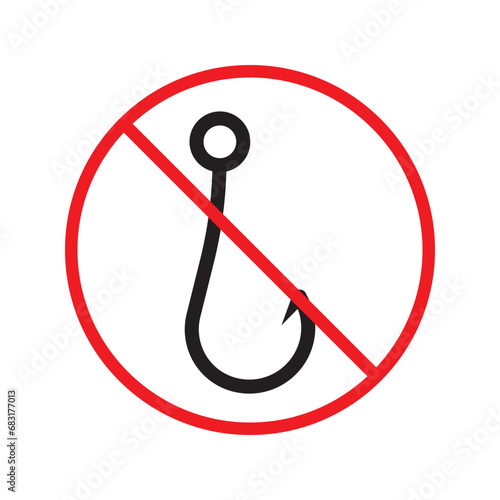 Forbidden fish hook vector icon. Warning, caution, attention, restriction, label, ban, danger. No fishing hook flat sign design pictogram symbol. No fishing hook icon
