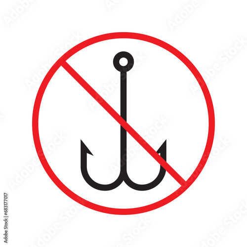 Forbidden fish hook vector icon. Warning, caution, attention, restriction, label, ban, danger. No fishing hook flat sign design pictogram symbol. No fishing hook icon