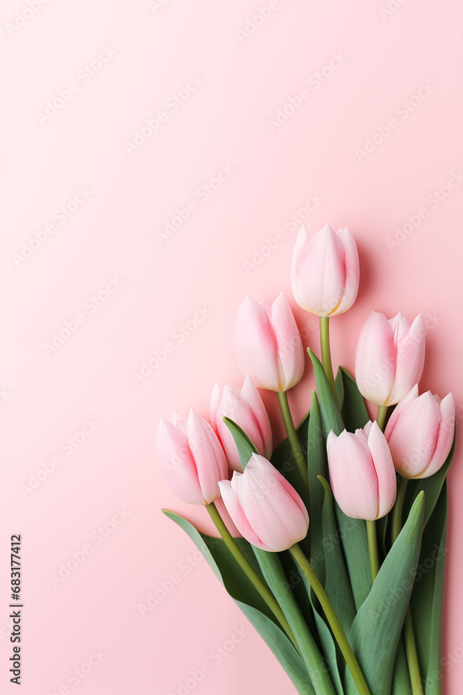 Romantic light pink background with light pink tulip flowers and place for text. Greeting card design for Mother's day, Valentine day, Women's Day. Flat lay Springtime composition with copy space - obrazy, fototapety, plakaty 