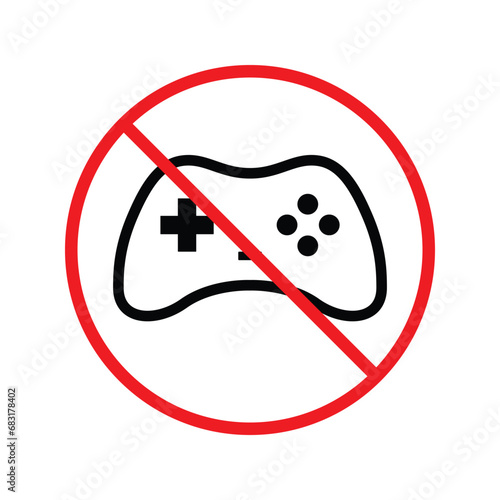 Forbidden joystick vector icon. Warning, caution, attention, restriction, label, ban, danger. No gamepad flat sign design pictogram symbol. No game pad joystick icon UX UI icon