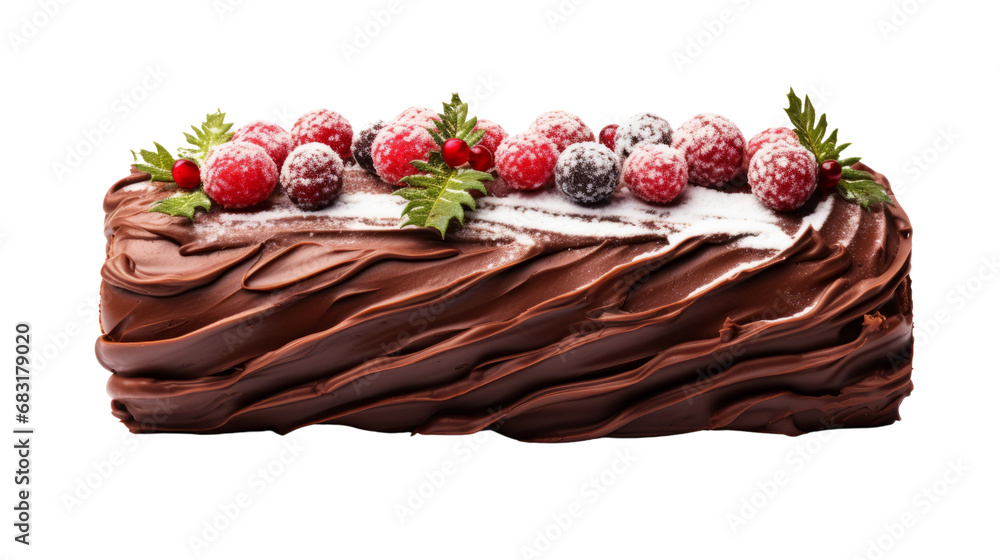 Christmas log, chocolate yule cake with red currant decoration isolated on white transparent, PNG Christmas log, chocolate yule cake with red currant decoration isolated on white transparent, PNG