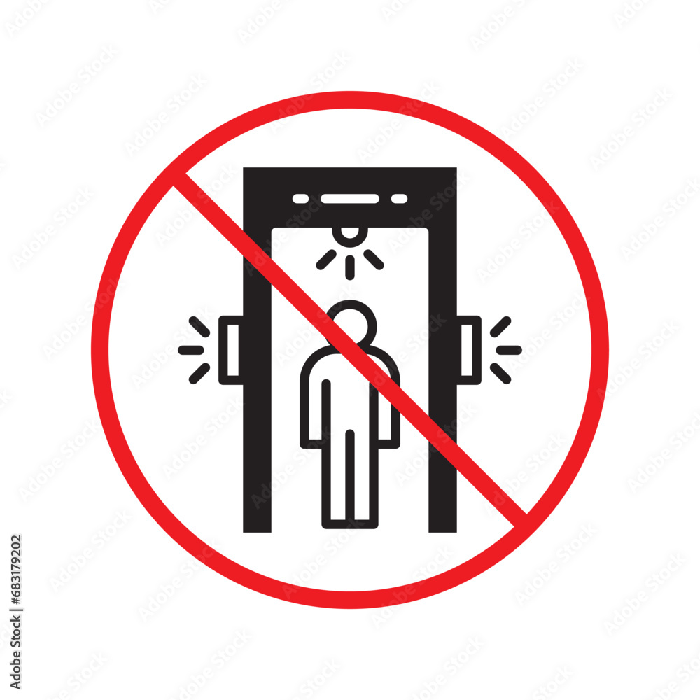 Forbidden metal detector vector icon. Warning, caution, attention, restriction, label, ban, danger. No metal detector flat sign design pictogram symbol. No check control icon. UX UI icon Forbidden metal detector vector icon. Warning, caution, attention, restriction, label, ban, danger. No metal detector flat sign design pictogram symbol. No check control icon. UX UI icon