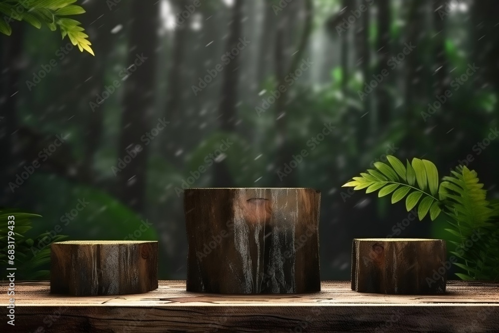 Rustic Wood Pieces Podium in Monsoon Rain forest 