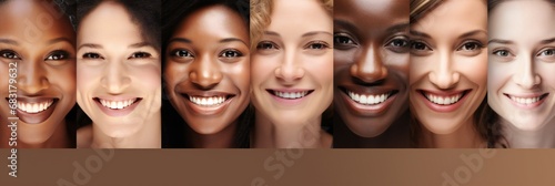 Happy Multi Ethnic Women Collage. Diverse Group Of Women Portraits smiling  panoramic