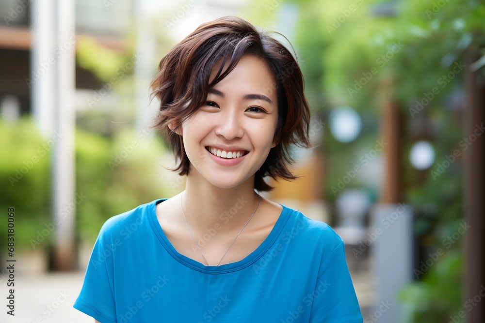 Happy woman in blue shirt posing confidently in front of a modern building on a sunny day Generative AI Happy woman in blue shirt posing confidently in front of a modern building on a sunny day Generative AI