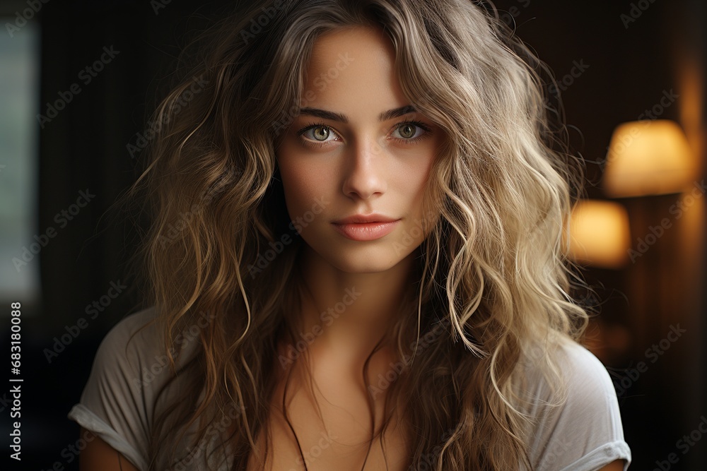 Fototapeta premium Charming woman looking at camera in dark room