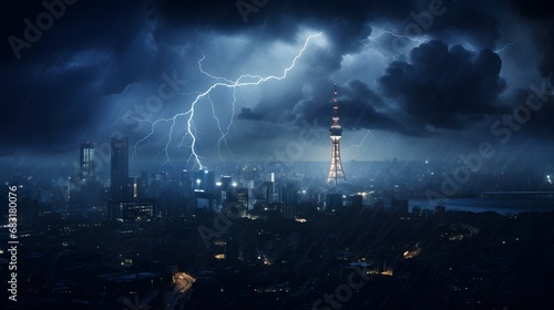 Dramatic Lightning Strikes Illuminate the Night Sky Over a Cityscape in a Stunning Display of Nature's Power Generative AI