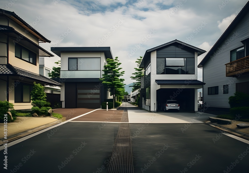 Two Parked Cars in Front of a Beautiful Residential Home with a Manicured Lawn and Landscaping Generative AI Two Parked Cars in Front of a Beautiful Residential Home with a Manicured Lawn and Landscaping Generative AI