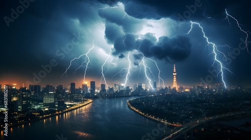 Dramatic Lightning Strikes Illuminate the City Skyline with River and Bridge in the Foreground at Night Generative AI