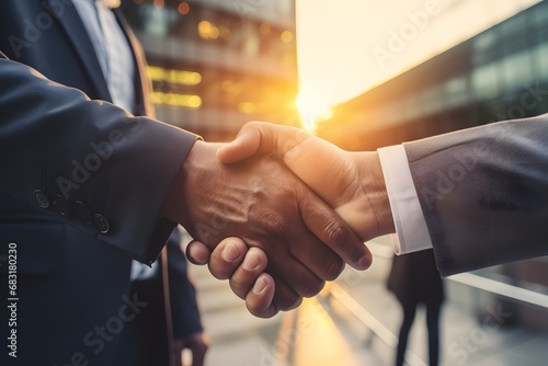 Successful Business Partnership Two Men Shake Hands in Front of a Building at Sunset Generative AI
