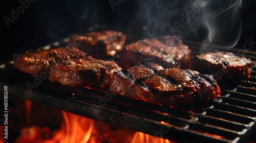 Juicy Steaks Sizzling on a Flaming Grill with Fiery Background Generative AI