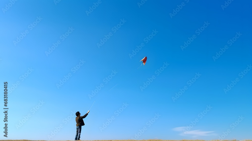 Joyful Giraffe Soars High with Kite in Blue Sky as Person Watches from Hilltop Generative AI
